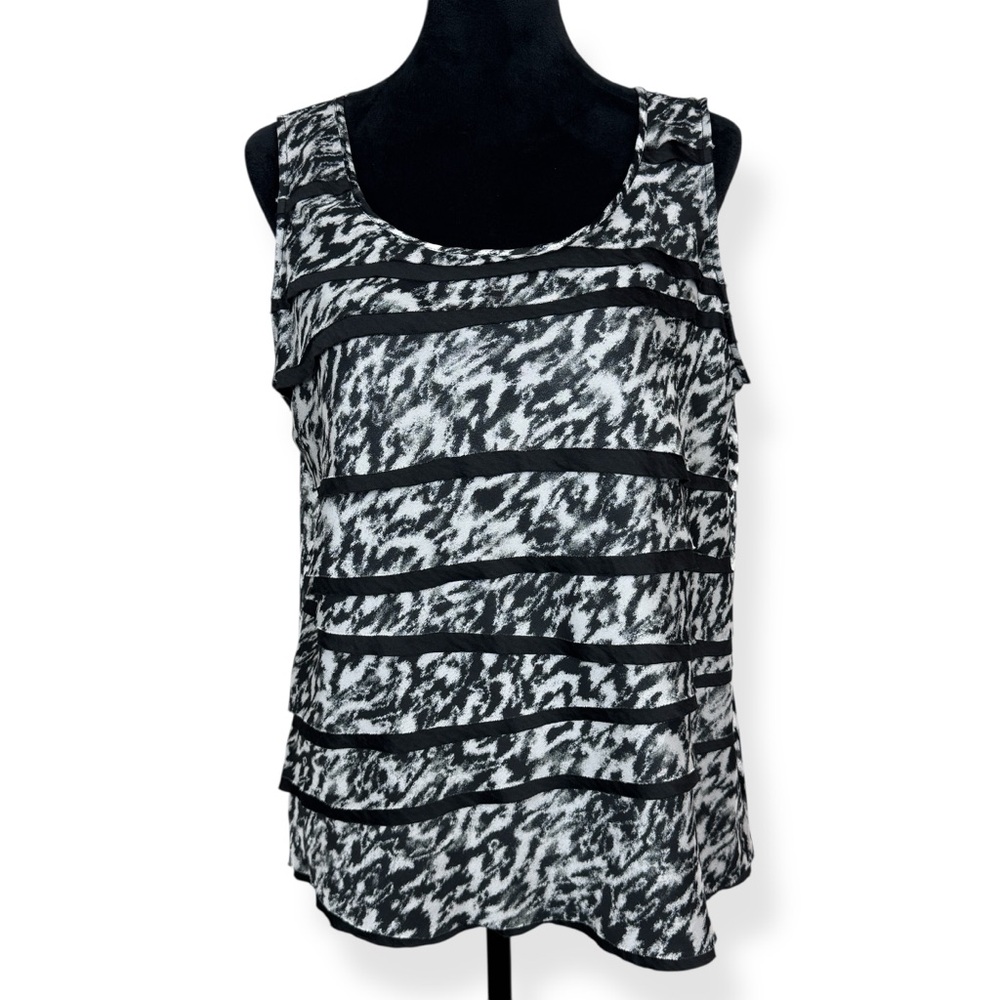 Chicos Size 2‎ Tank Top Womens L Large (12) Black White Animal Print Stretch